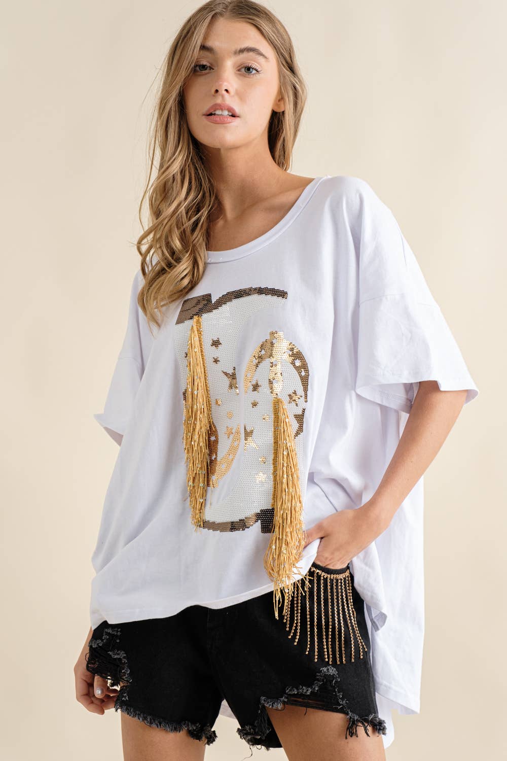 17368P - Distressed Frayed Detail Fringe Rhinestone Denim: BLACK GOLD / LARGE