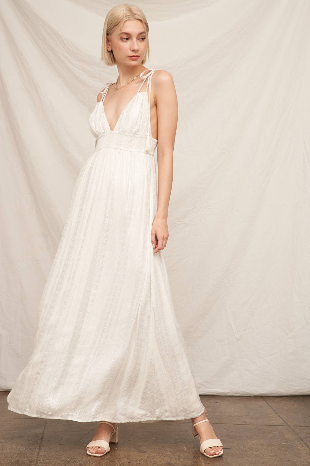 Shoulder Tie Maxi Dress with Lurex Detail: White Silver