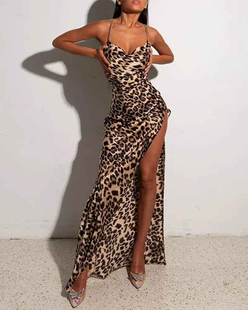 Crisscross backless slit chain decor evening dress: LEOPARD