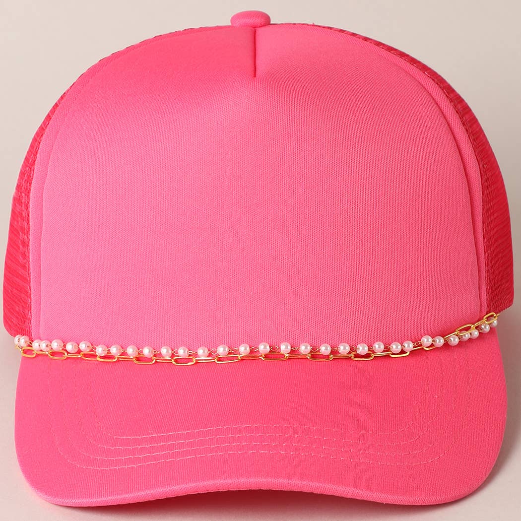 Plain Mesh Back Trucker Hat with Pearl Chain : Fuchsia / ONE SIZE