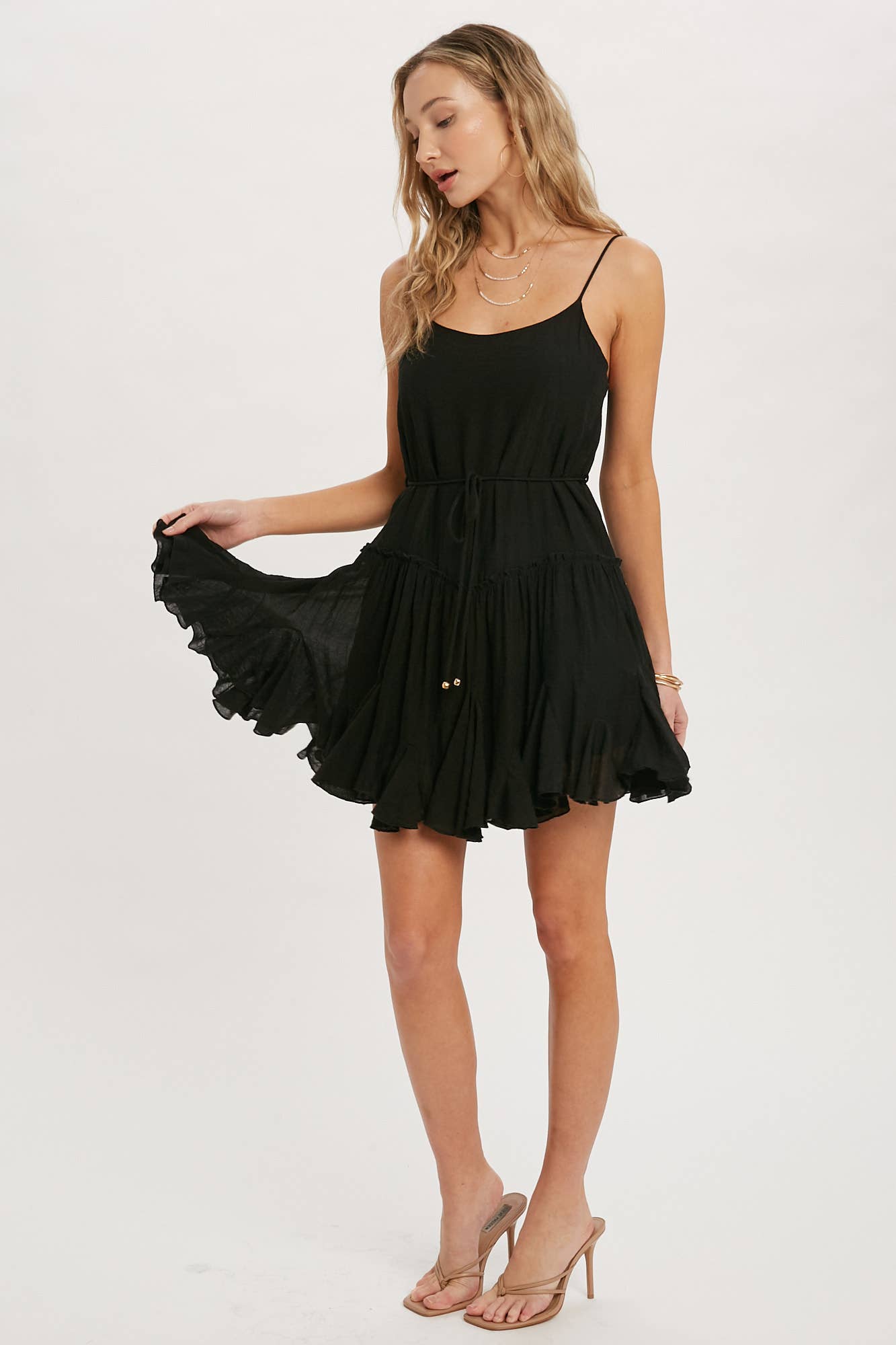 RUFFLED SWING CAMI DRESS: BEIGE