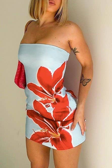 Hibiscus Floral Bandeau sleeveless mini tube dress