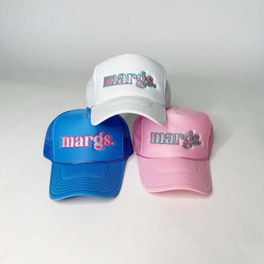 Margs. Pastel Embroidered Trucker Hats: Pink - pink/teal thread
