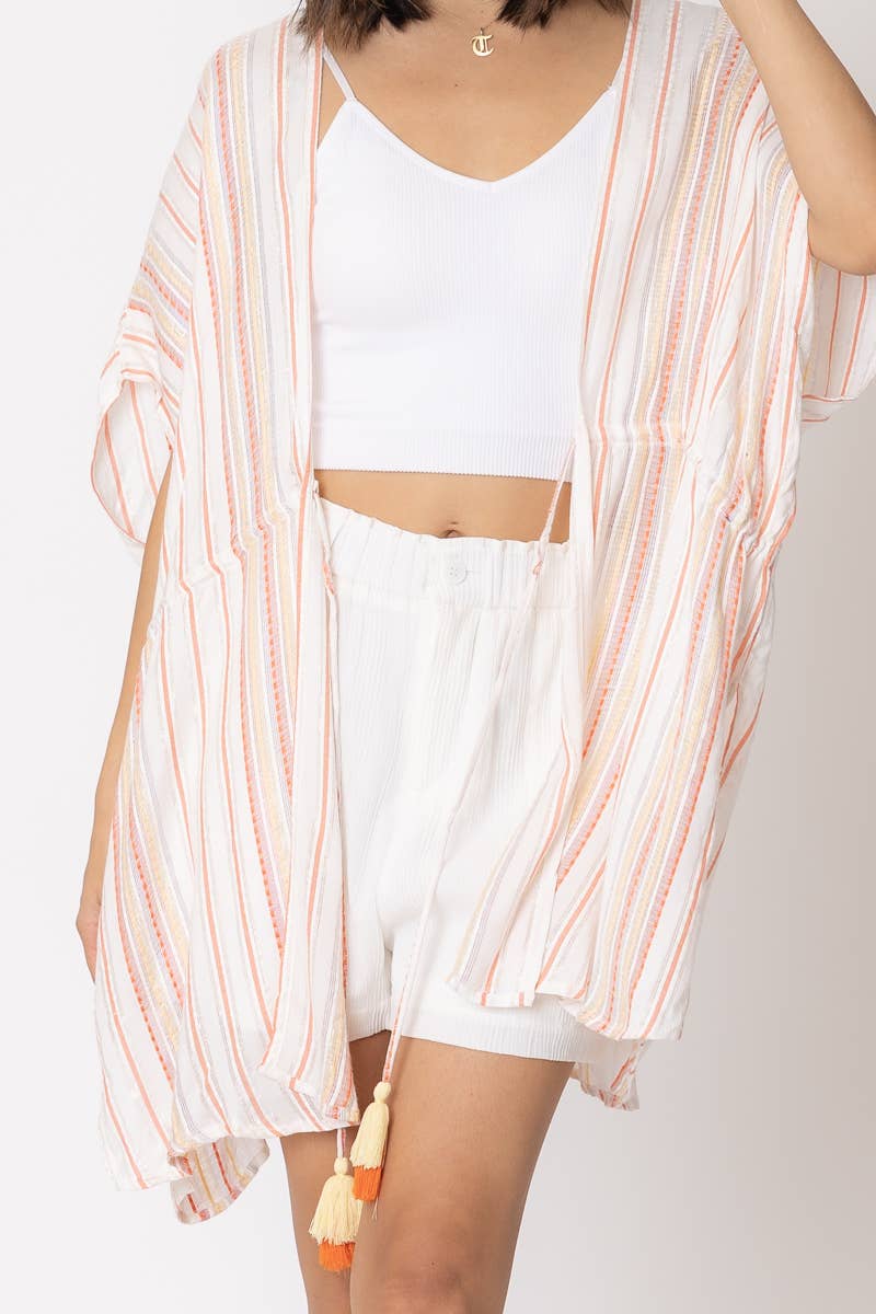 Striped Tassel Tie Kimono Cardigan: WHITE ORANGE