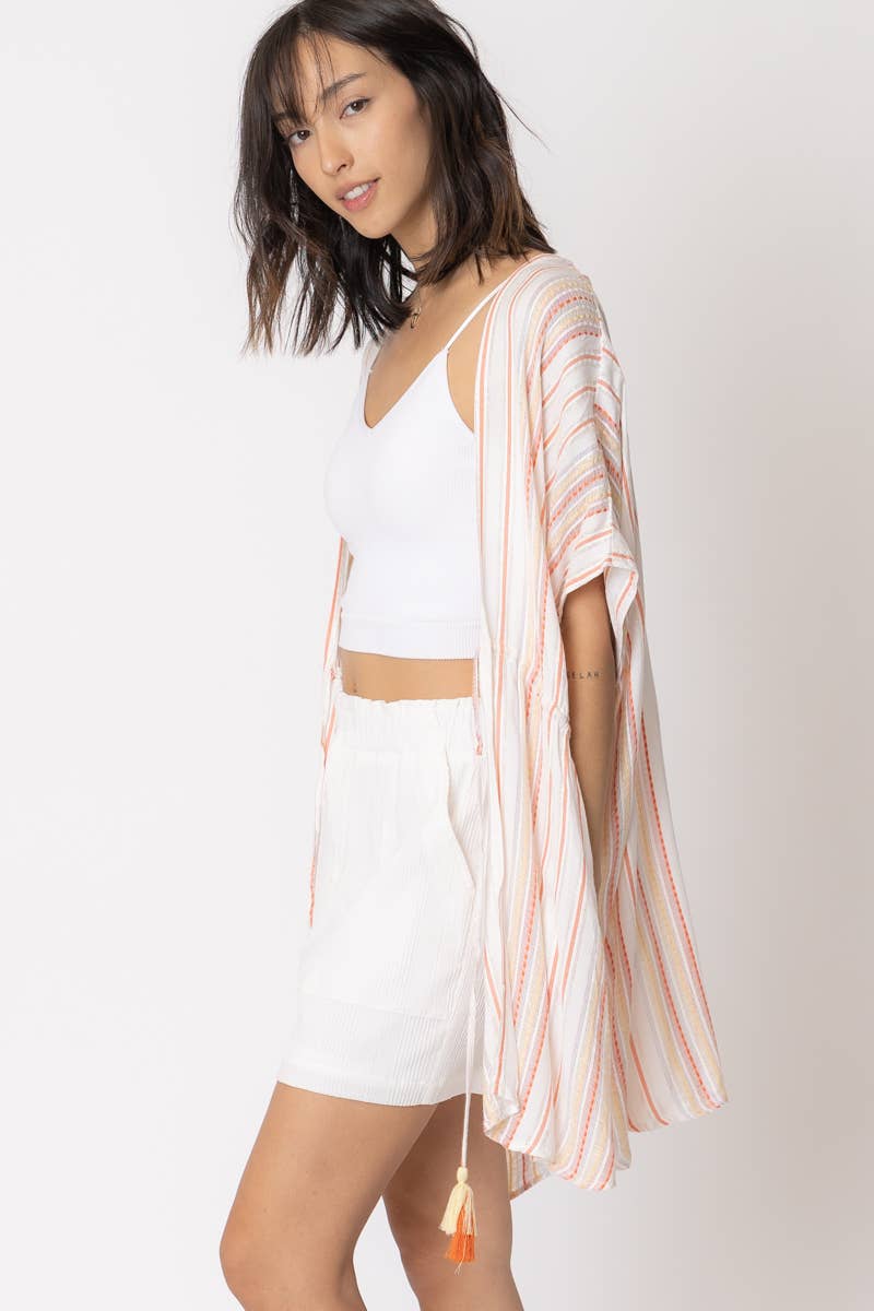 Striped Tassel Tie Kimono Cardigan: WHITE ORANGE
