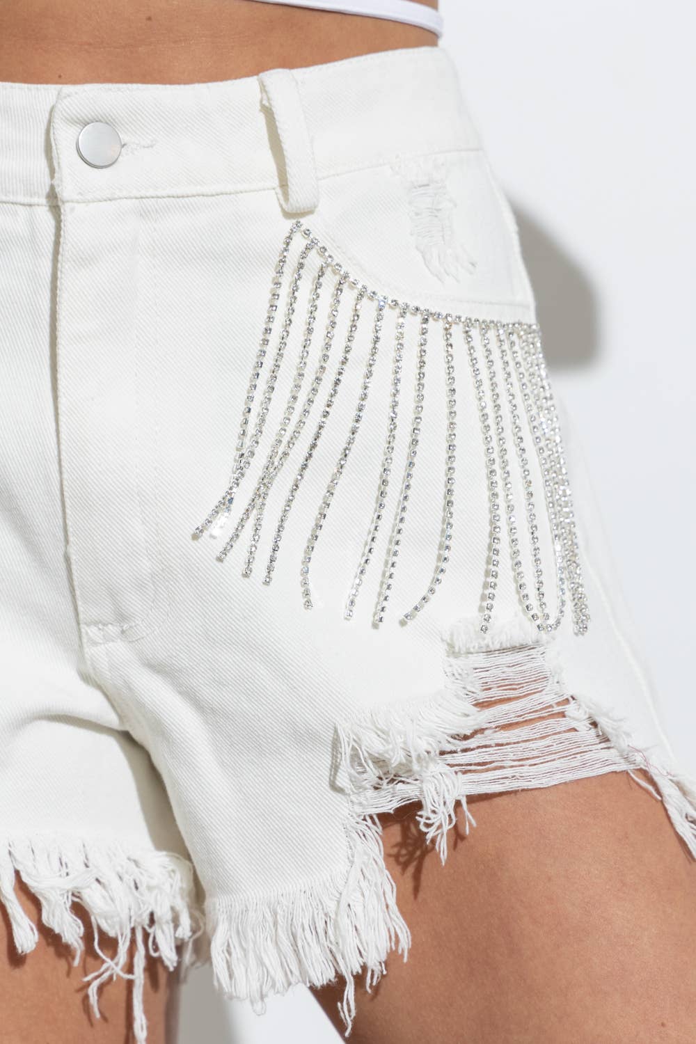 17368P - Distressed Frayed Detail Fringe Rhinestone Denim: BLACK GOLD / LARGE