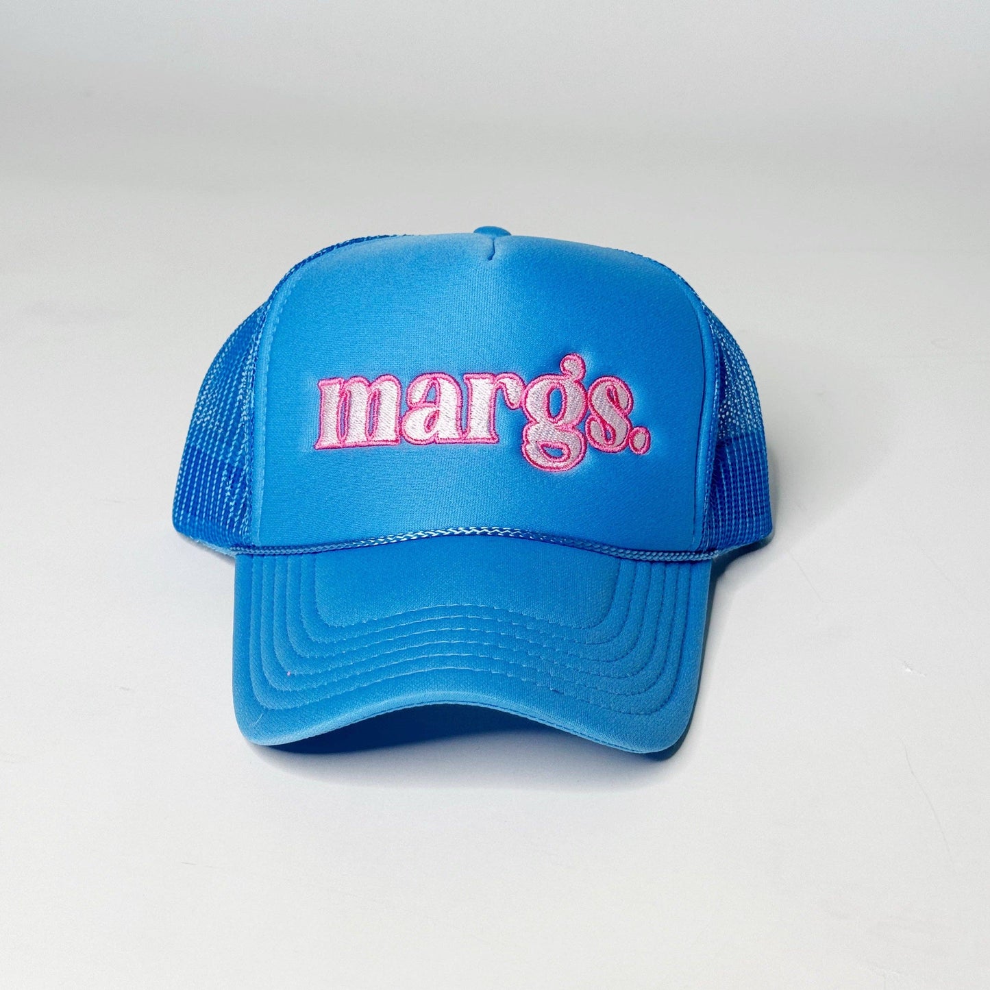 Margs. Pastel Embroidered Trucker Hats: Pink - pink/teal thread