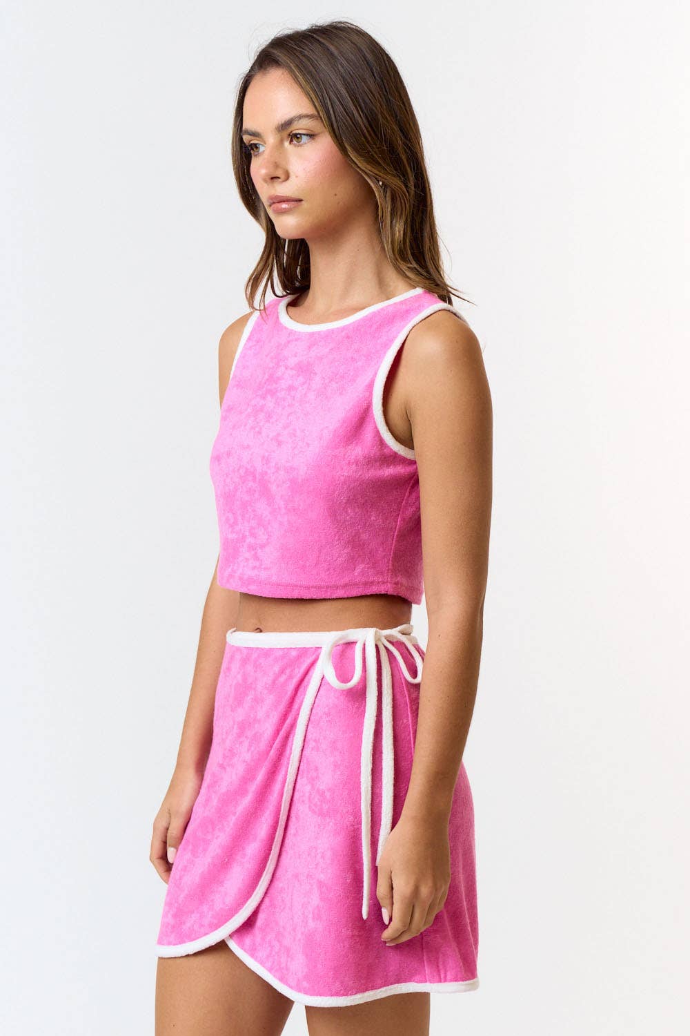 IBS28941 2 TONE TERRY CLOTH CROPPED TOP W/ WRAP SKIRT SET: Pink