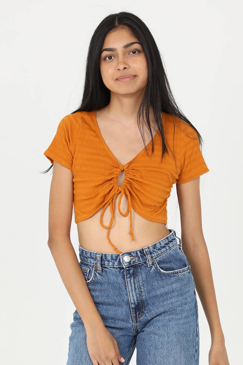Yellow TEXTURED KNIT LOOP FRONT CROP TOP