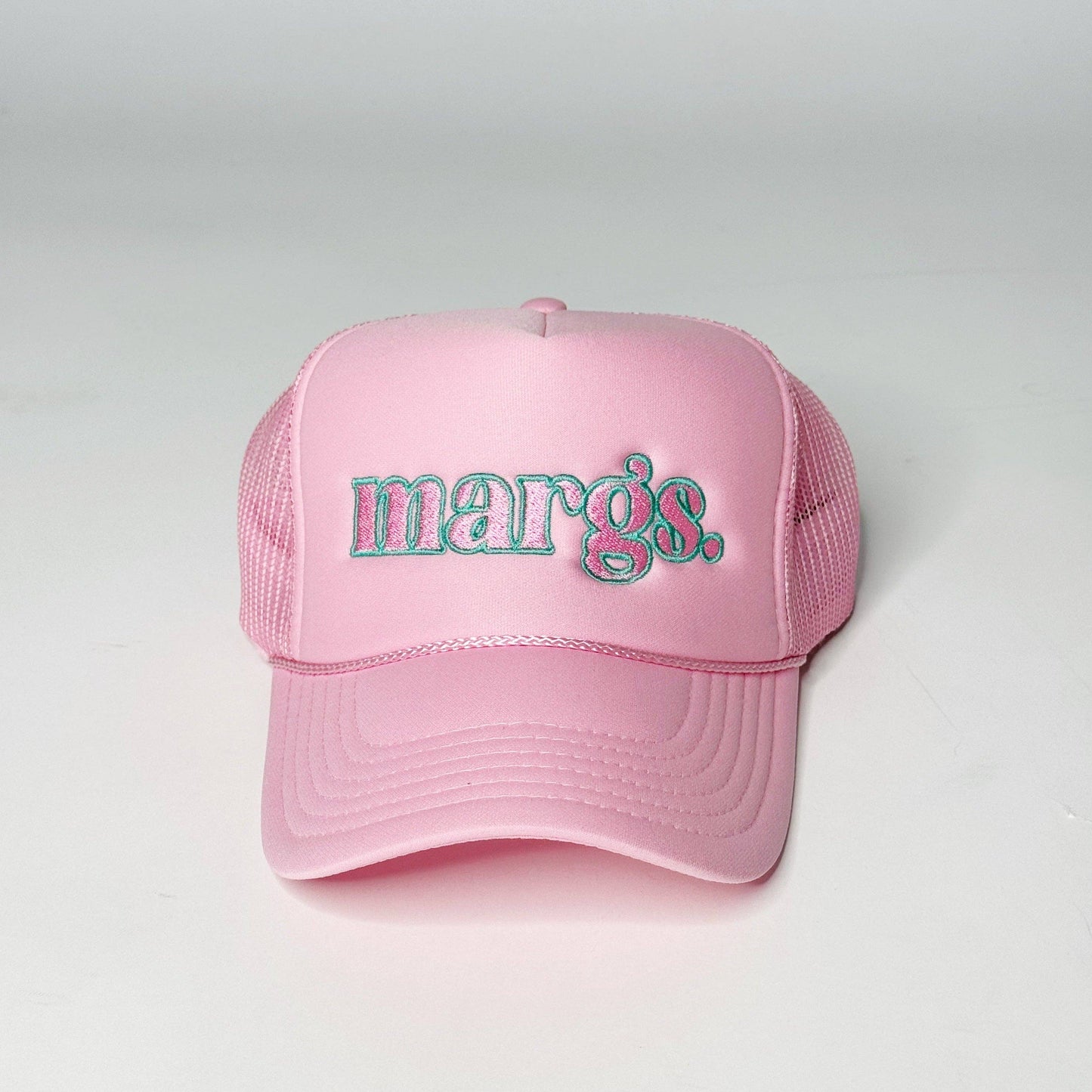 Margs. Pastel Embroidered Trucker Hats: Pink - pink/teal thread