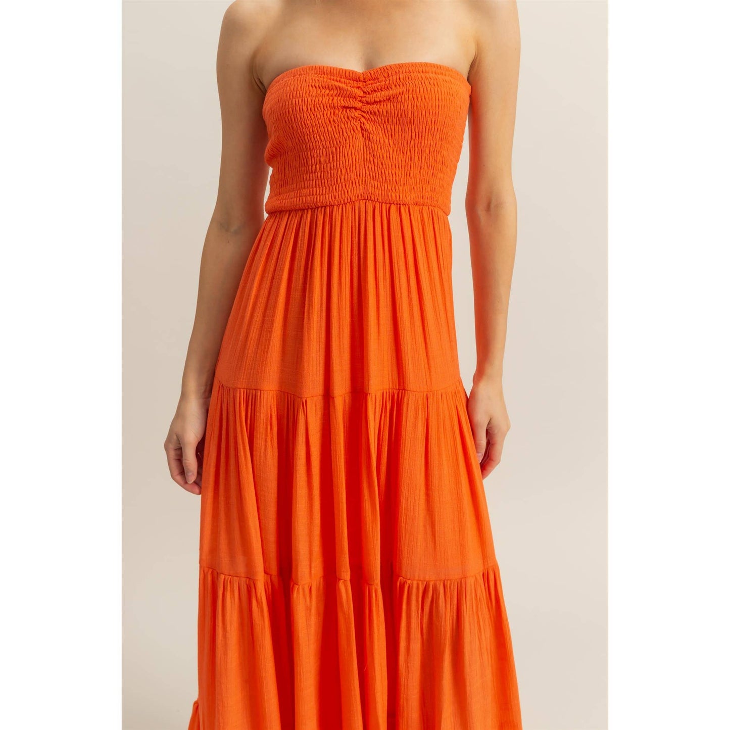 Strapless Ruched Bust Tiered Maxi Dress: ORANGE