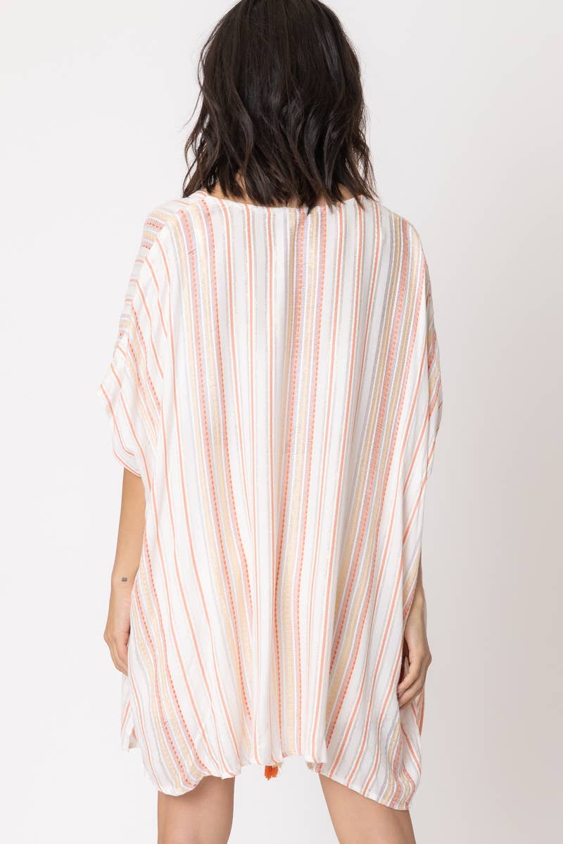 Striped Tassel Tie Kimono Cardigan: WHITE ORANGE