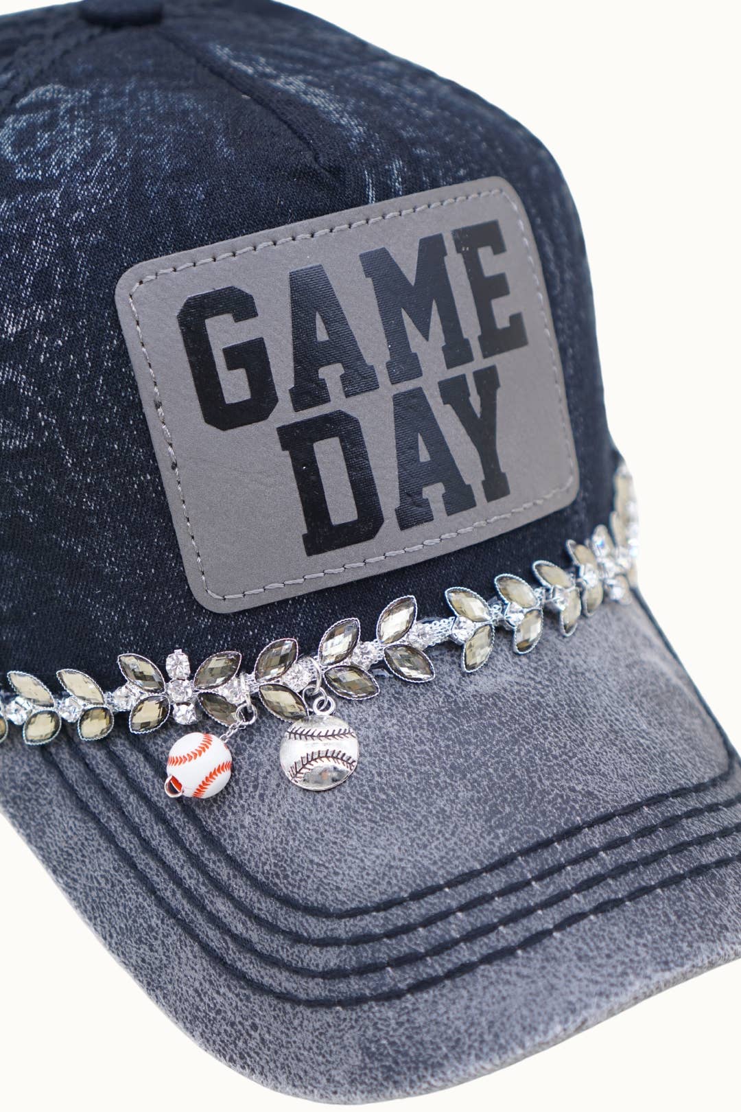 GAMEDAY Baseball Two-Toned Dad Cap with Vegan Leather Bill: Denim/Gray