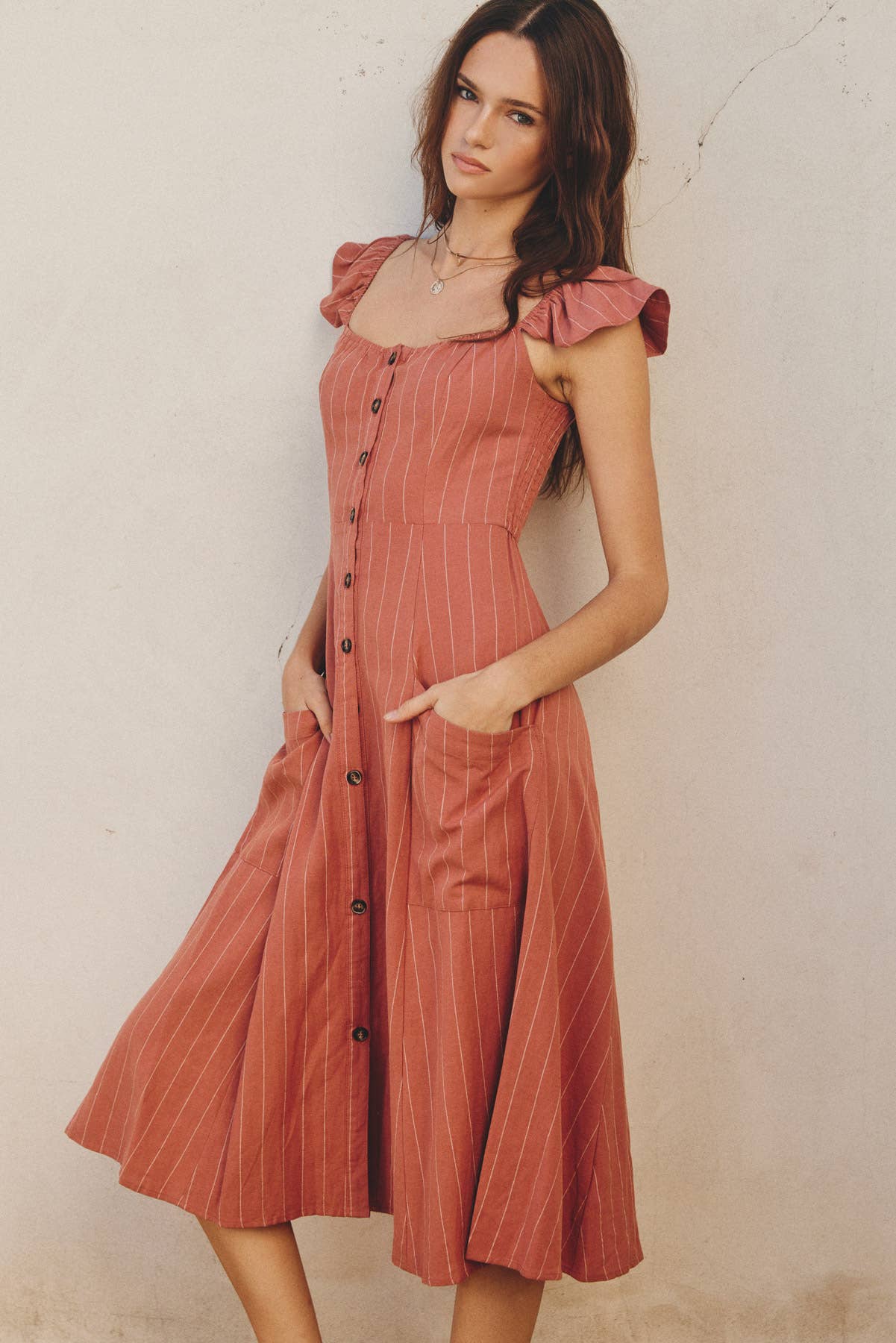 Pinstripe Flutter Sleeve Midi Dress: RUST/WHITE