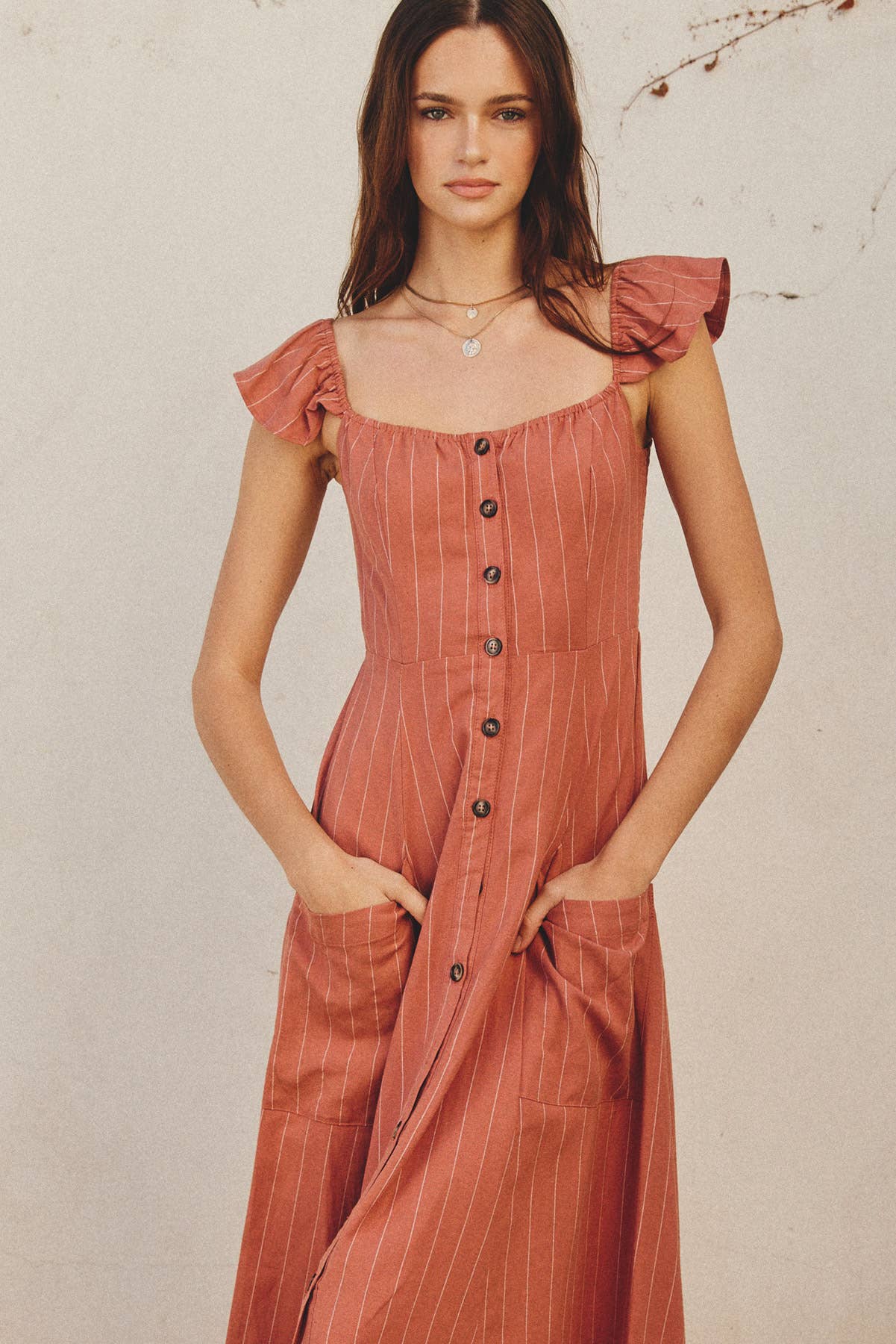 Pinstripe Flutter Sleeve Midi Dress: RUST/WHITE