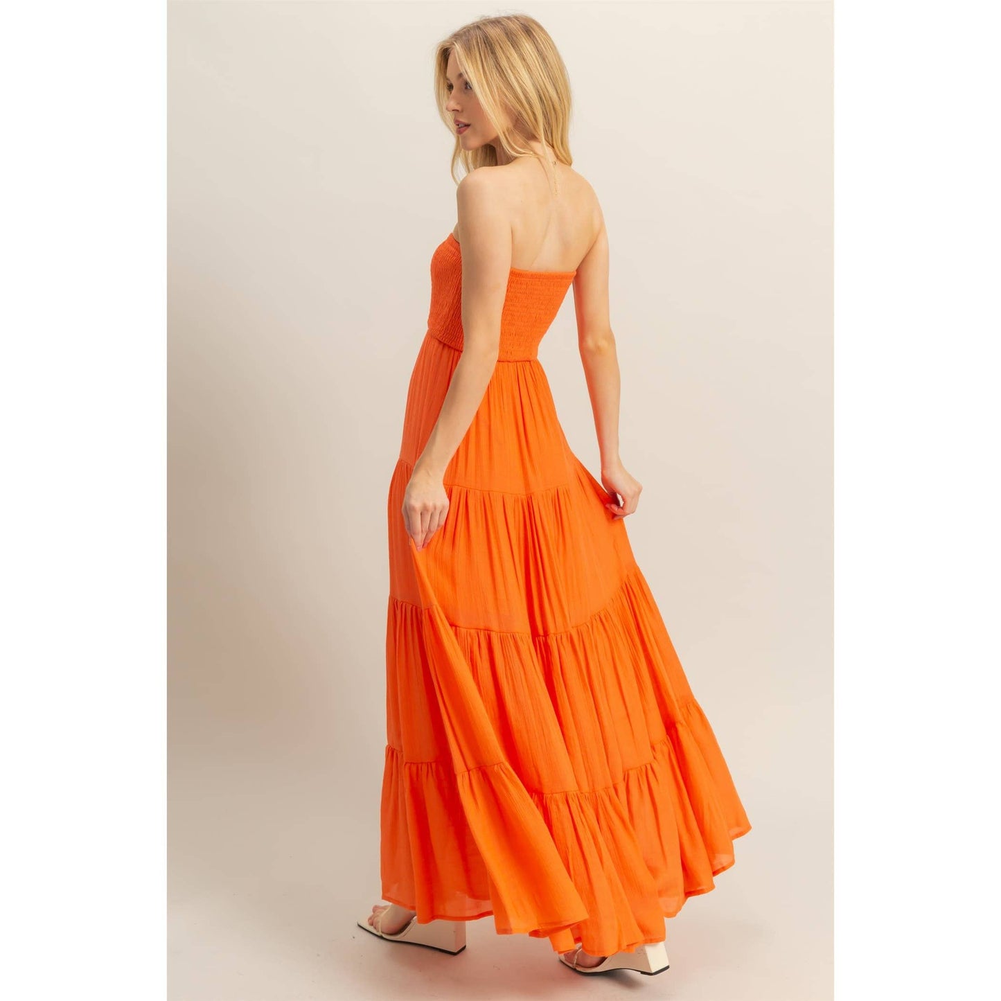Strapless Ruched Bust Tiered Maxi Dress: ORANGE