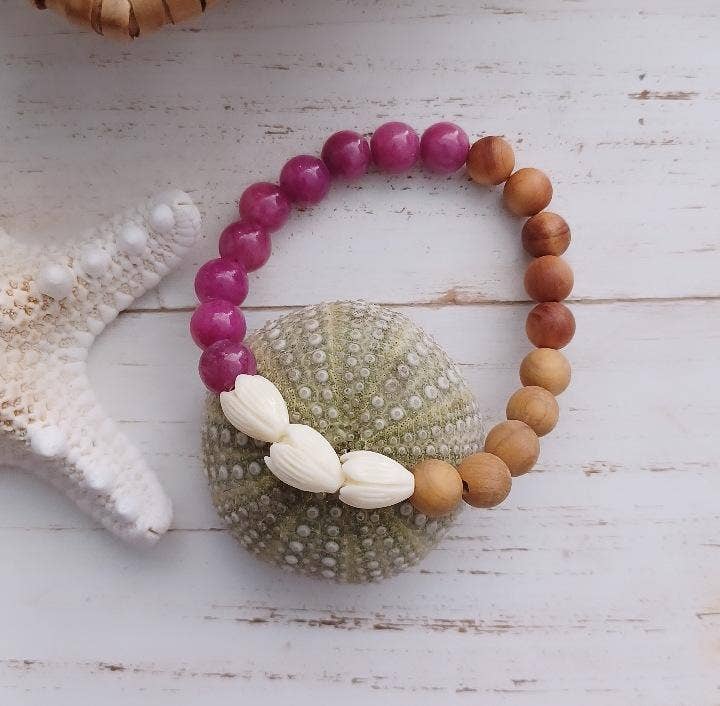 Pink Jade Sandalwood Bracelet | Pikake Flower : Jade and Pikake Flowers