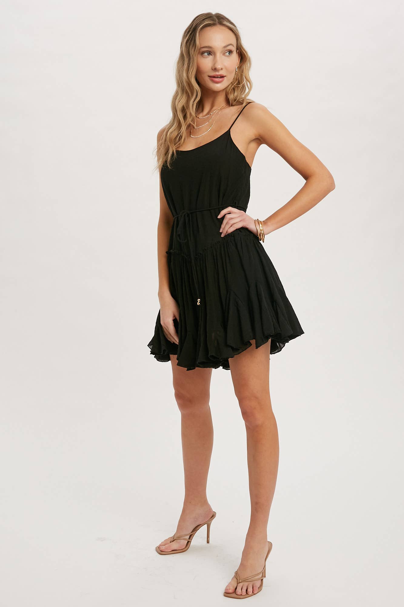 RUFFLED SWING CAMI DRESS: BEIGE