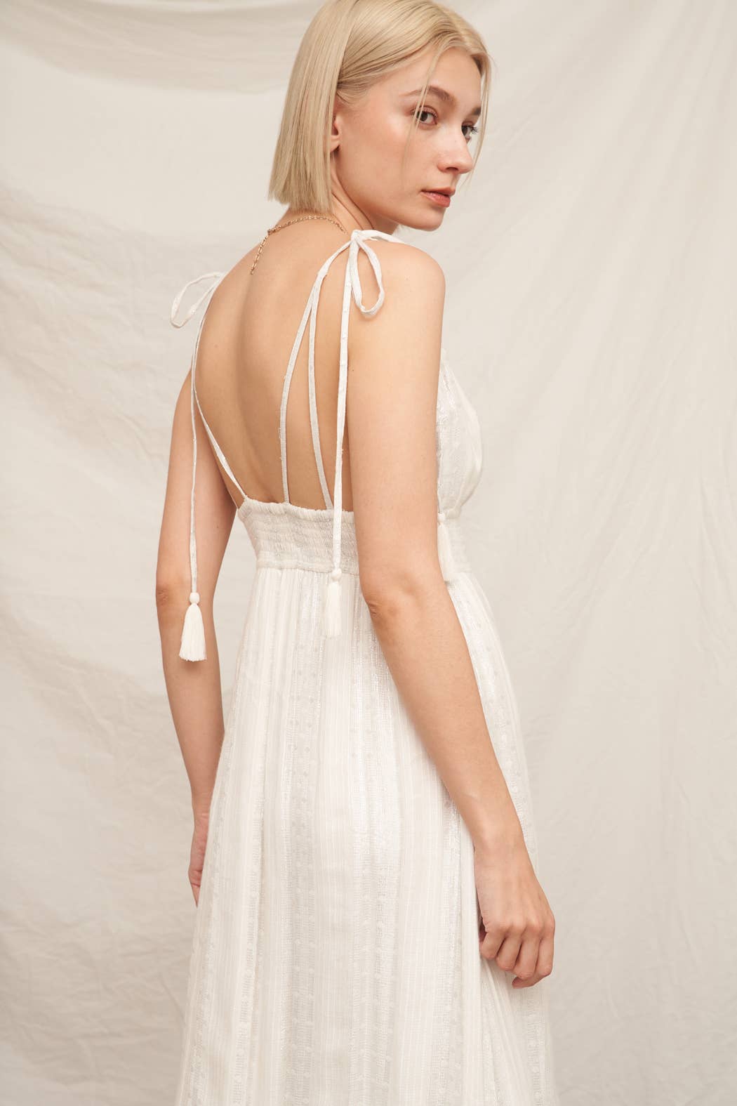 Shoulder Tie Maxi Dress with Lurex Detail: White Silver