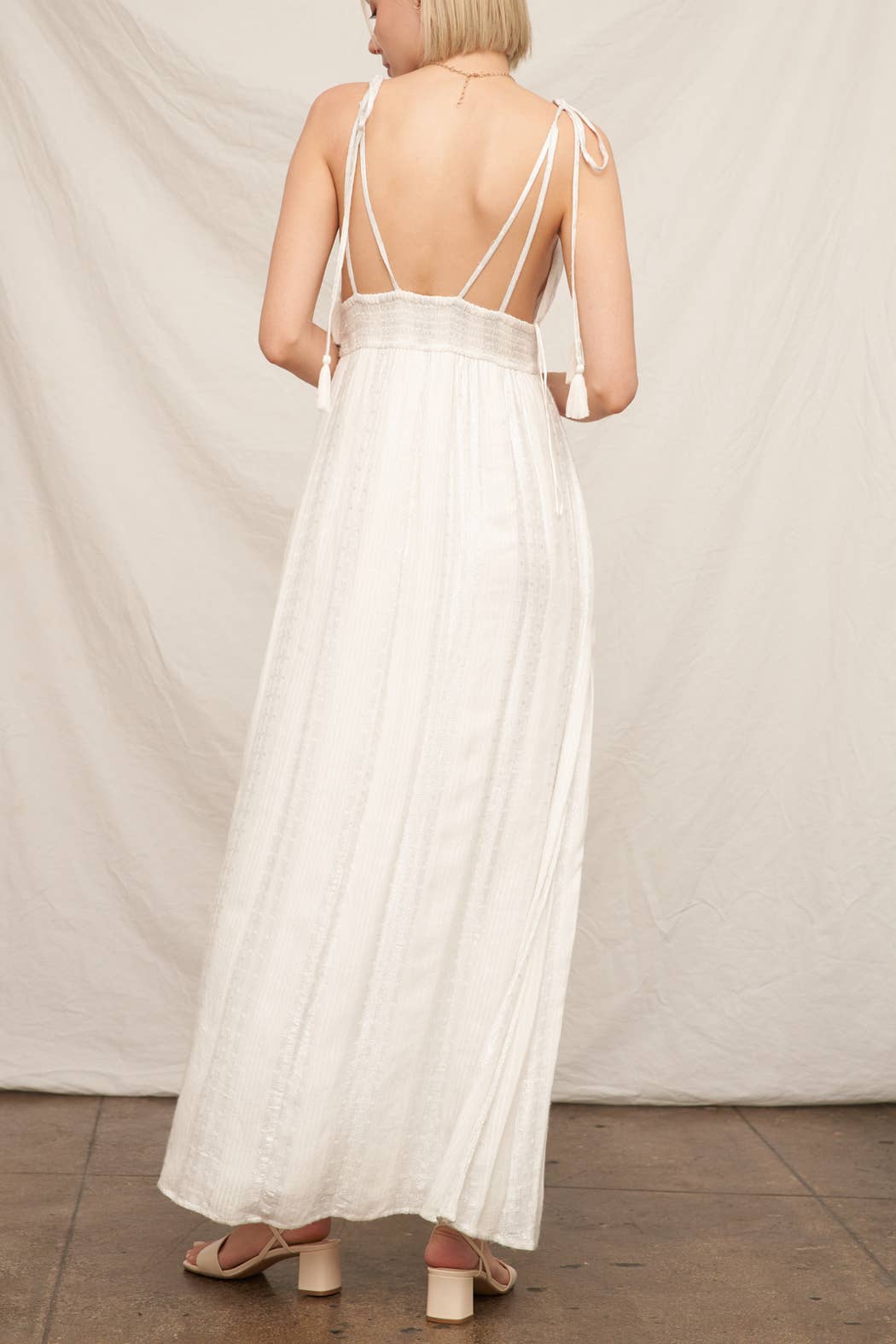 Shoulder Tie Maxi Dress with Lurex Detail: White Silver