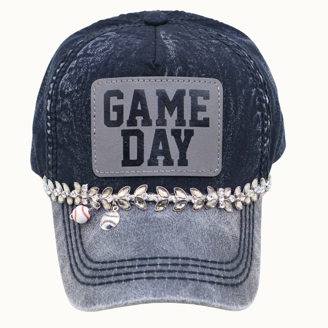 GAMEDAY Baseball Two-Toned Dad Cap with Vegan Leather Bill: Denim/Gray