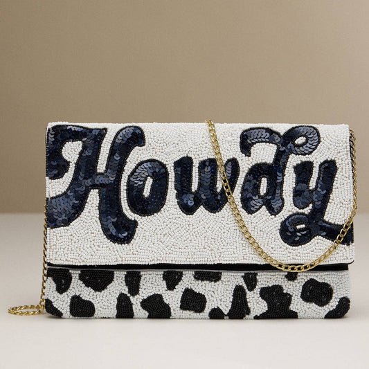 Beaded "Howdy" Western Clutch – Handmade Cow Print Purse with Gold Chain: NA / One / BA081