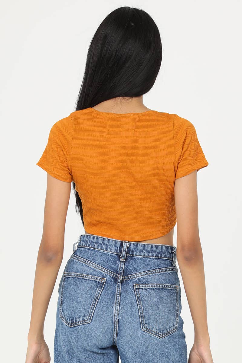 Yellow TEXTURED KNIT LOOP FRONT CROP TOP