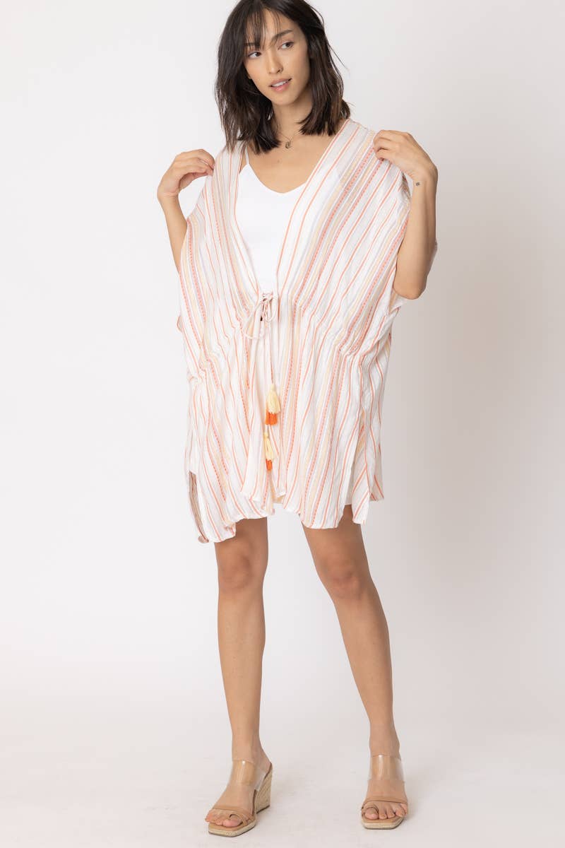 Striped Tassel Tie Kimono Cardigan: WHITE ORANGE
