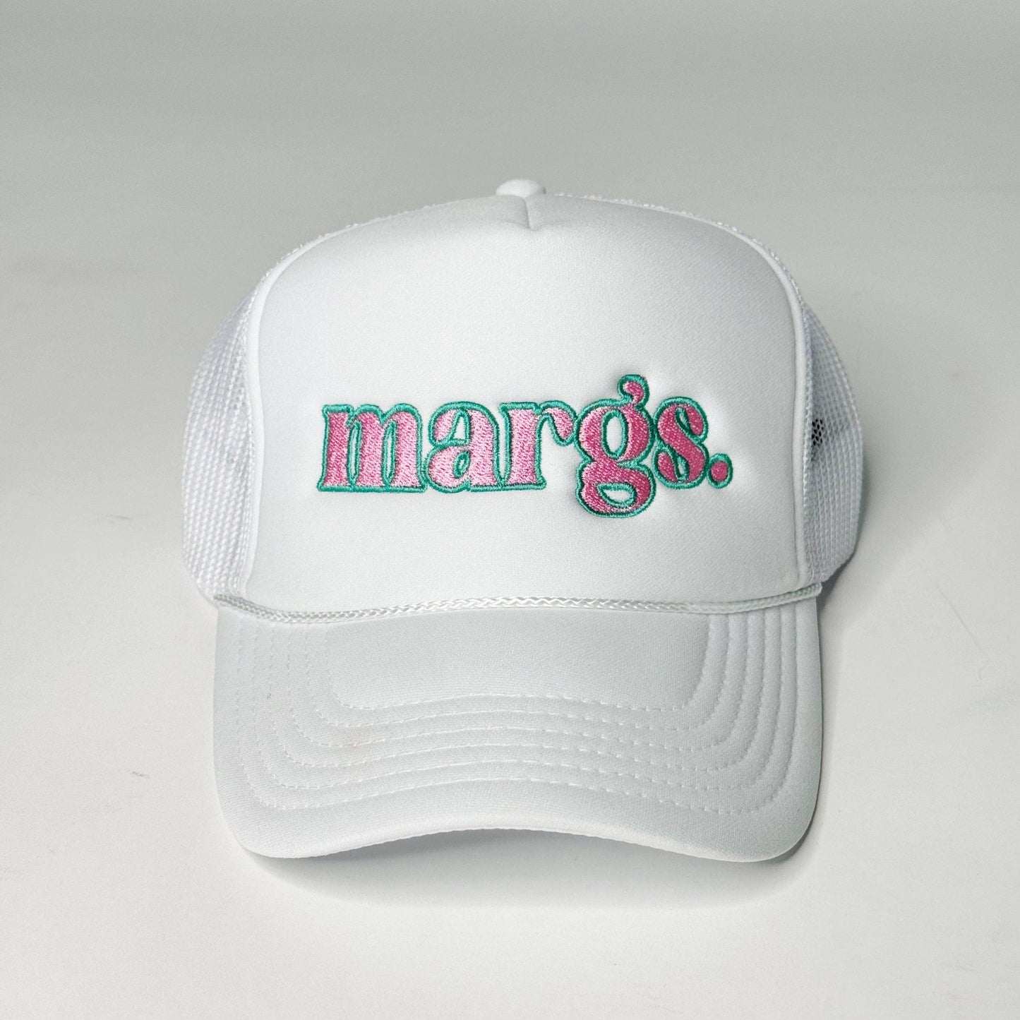 Margs. Pastel Embroidered Trucker Hats: Pink - pink/teal thread
