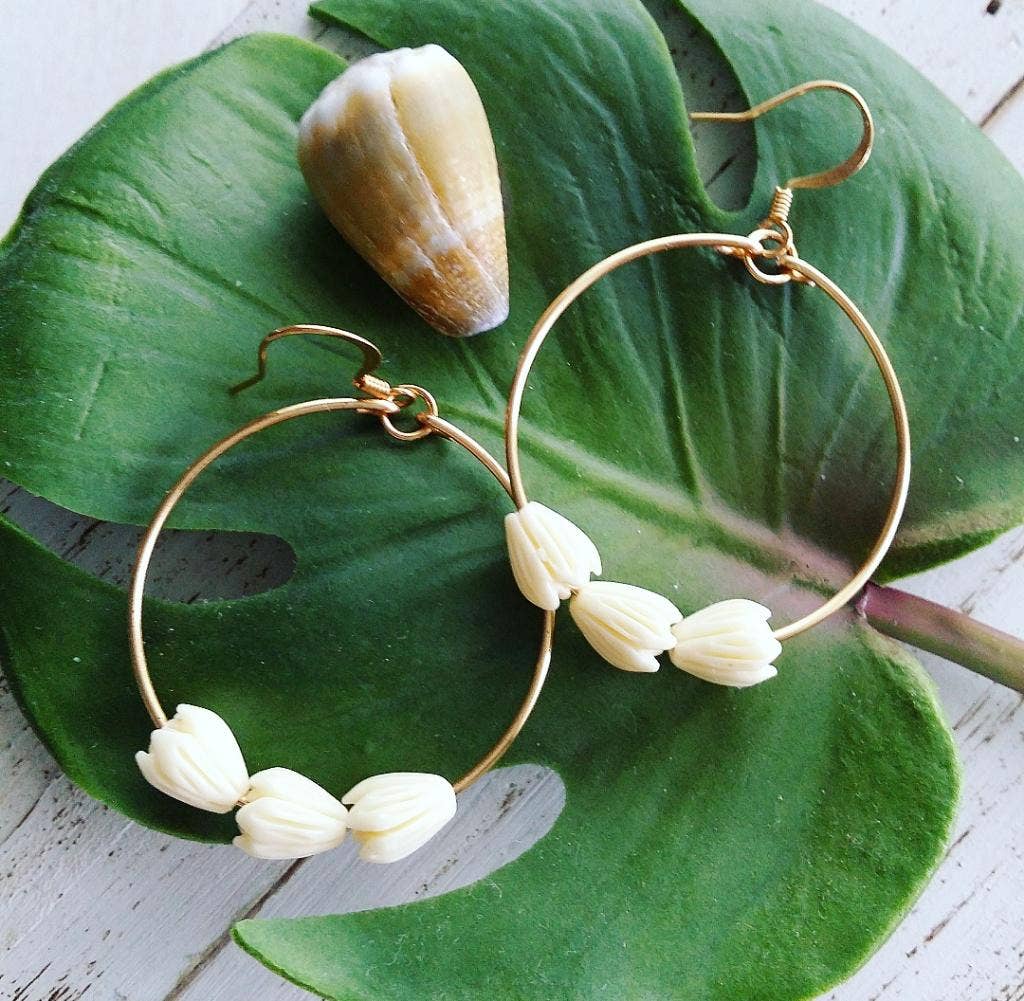 Pikake Flower Hoop | Medium Hoop | Small Flower Earrings: Silver Plated