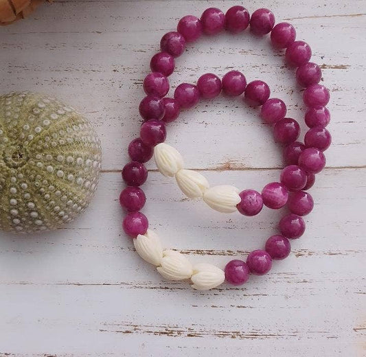 Pink Jade Sandalwood Bracelet | Pikake Flower : Jade and Pikake Flowers