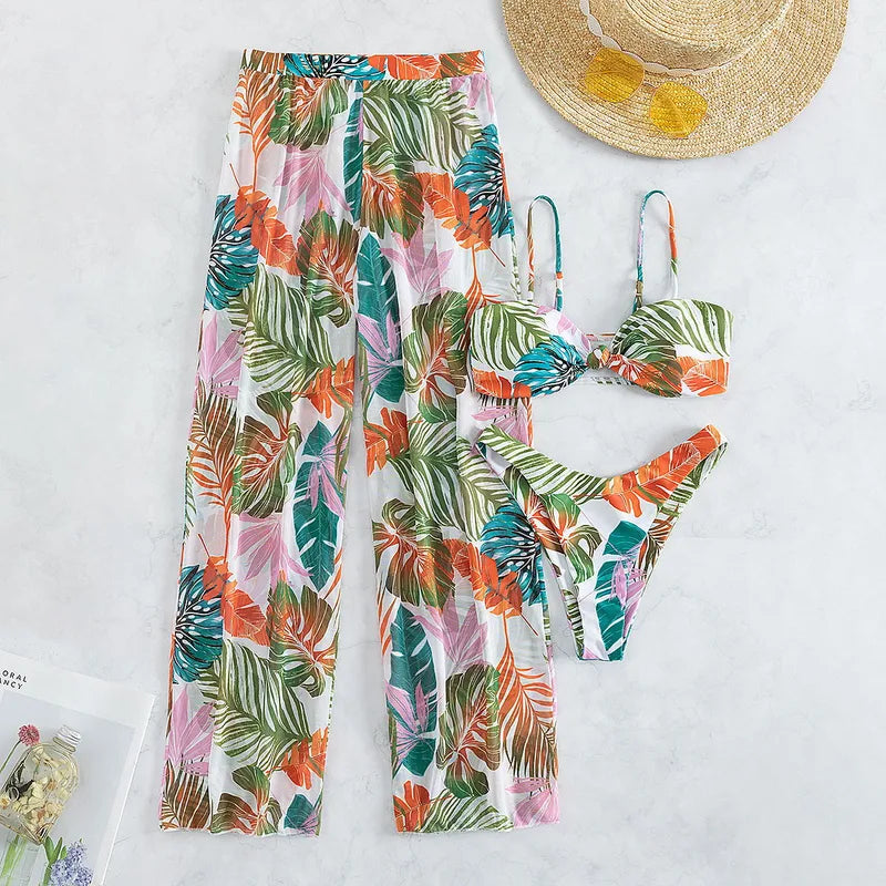 3 Piece White and Tropical Print - Bikini and Mesh Pants