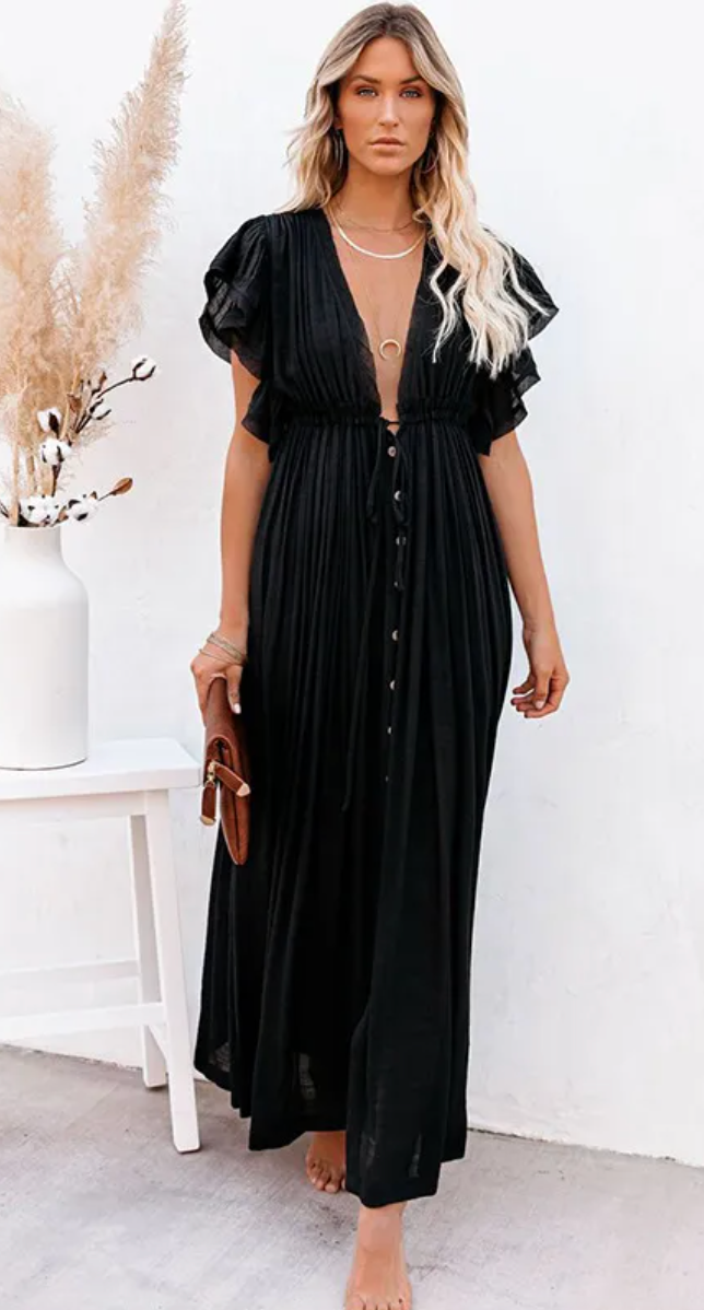 Elegant Tropical Solid Color Cover Up Black : One Size