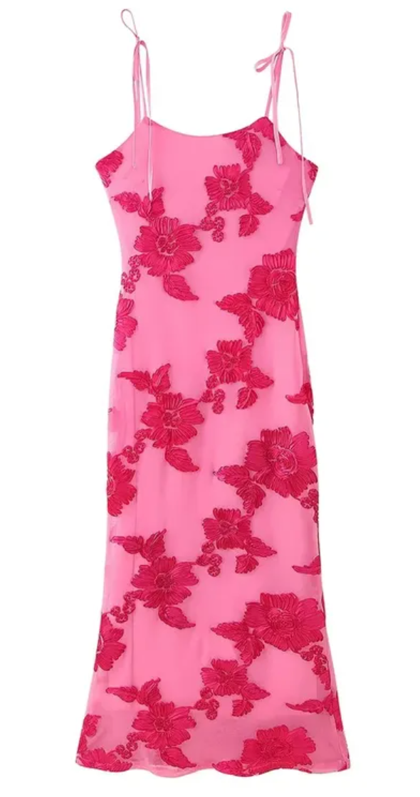 Strappy Embroidered Hot Pink Sling Dress