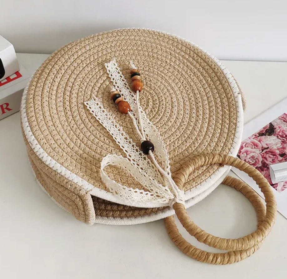Cotton Solid Color Vacation Beach Weave Round Open Straw Bag