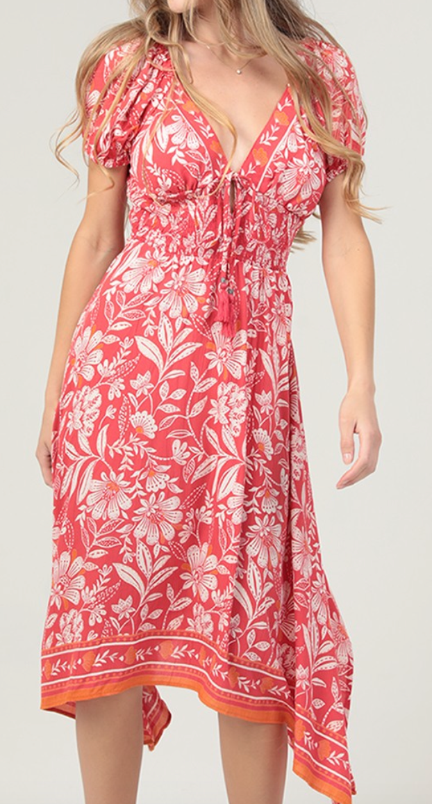 Red Deep V Neck Puff Slv Maxi With Scarf Hem