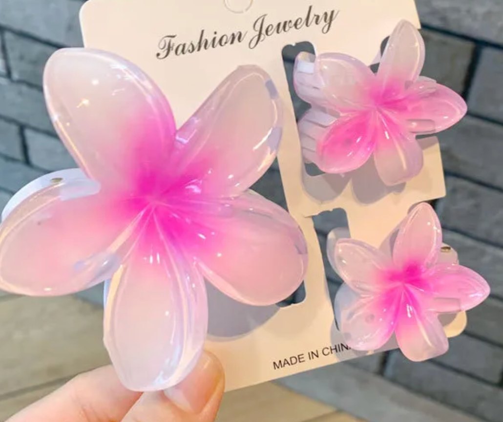 Trio Plumeria Claw Clip Set - White & Pink