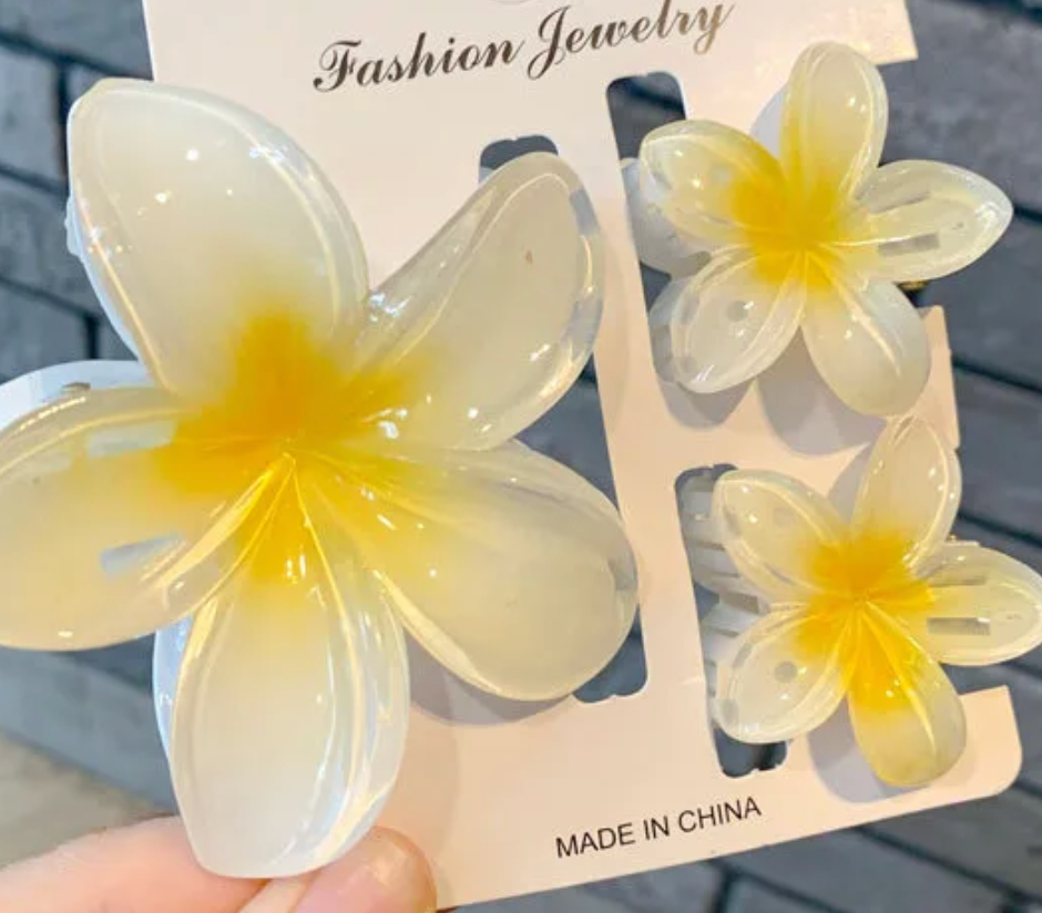 Trio Plumeria Claw Clip Set - White & Yellow