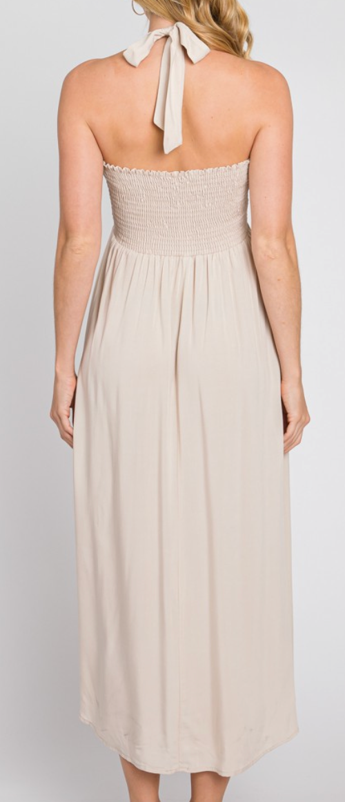 Tan Solid Halter Shirring Dress