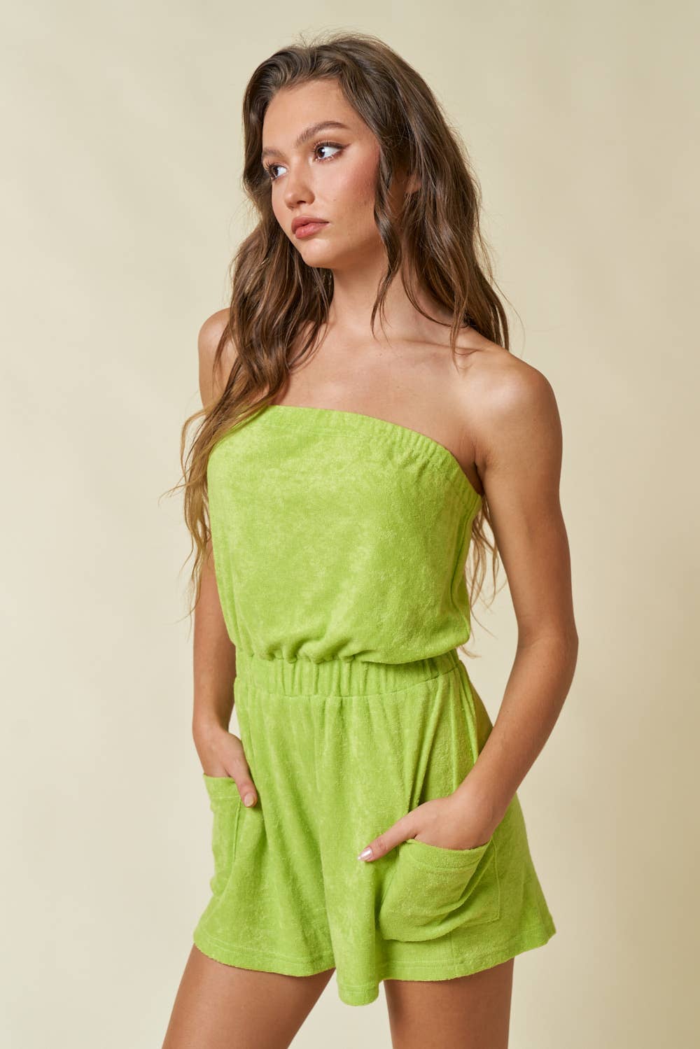 TERRY CLOTH TUBE ROMPER WITH ELASTIC WAIST BAN: KIWI