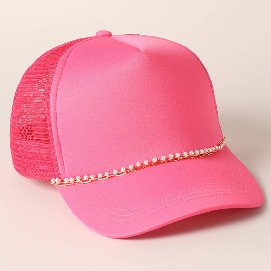 Plain Mesh Back Trucker Hat with Pearl Chain : Fuchsia / ONE SIZE