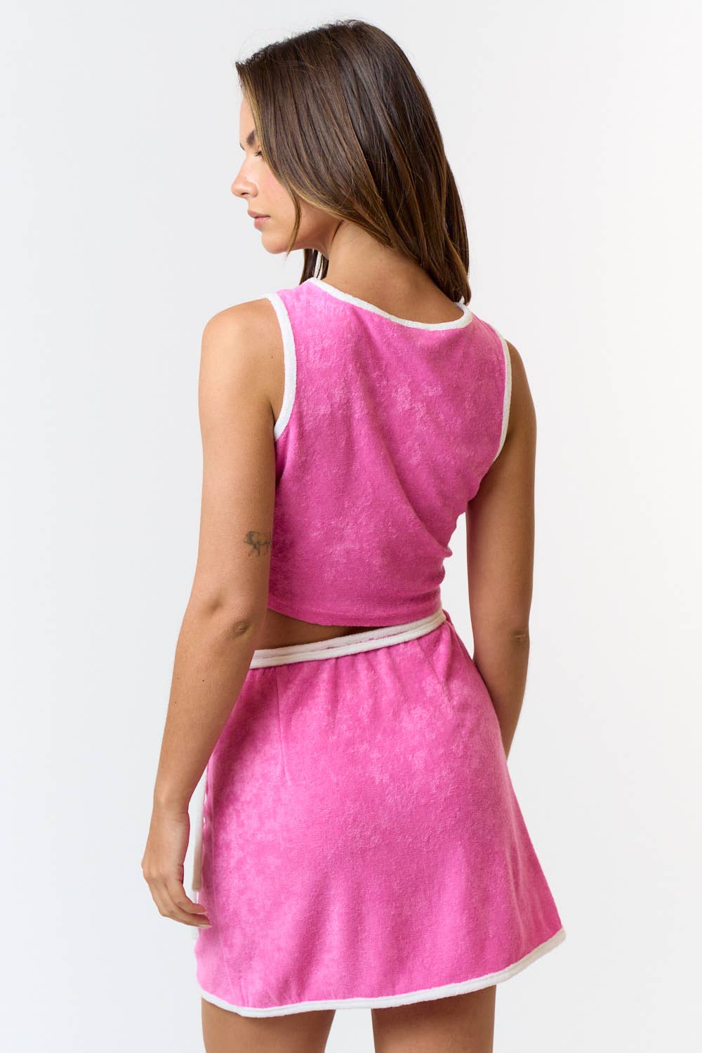 IBS28941 2 TONE TERRY CLOTH CROPPED TOP W/ WRAP SKIRT SET: Pink
