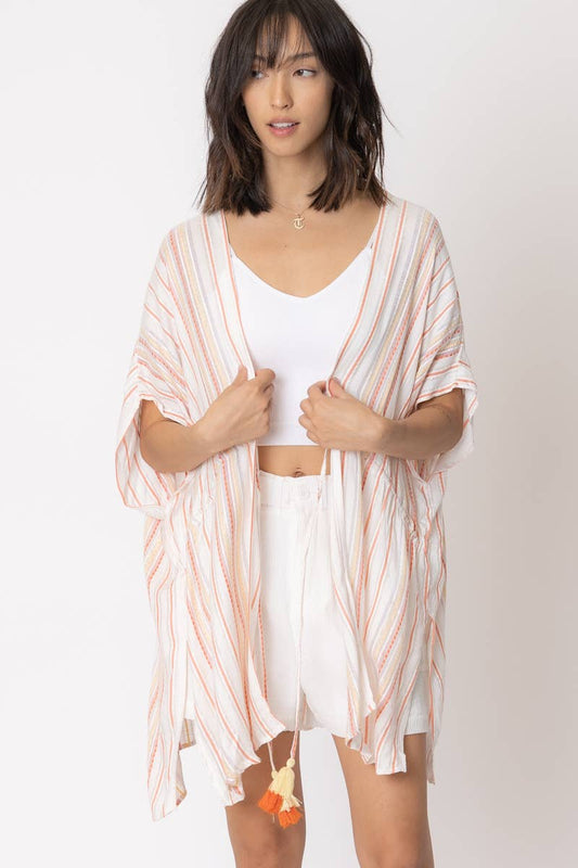 Striped Tassel Tie Kimono Cardigan: WHITE ORANGE