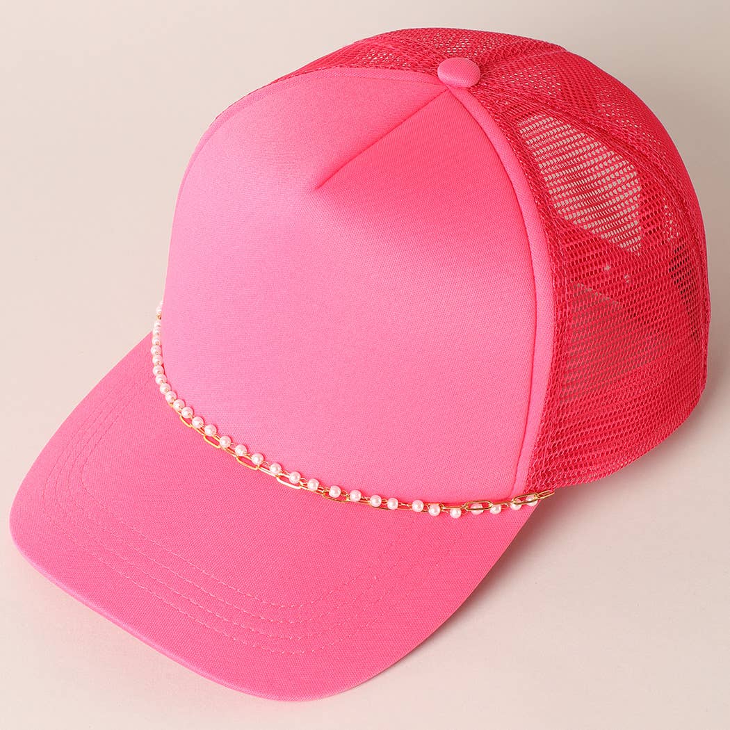 Plain Mesh Back Trucker Hat with Pearl Chain : Fuchsia / ONE SIZE