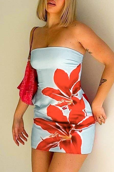 Hibiscus Floral Bandeau sleeveless mini tube dress