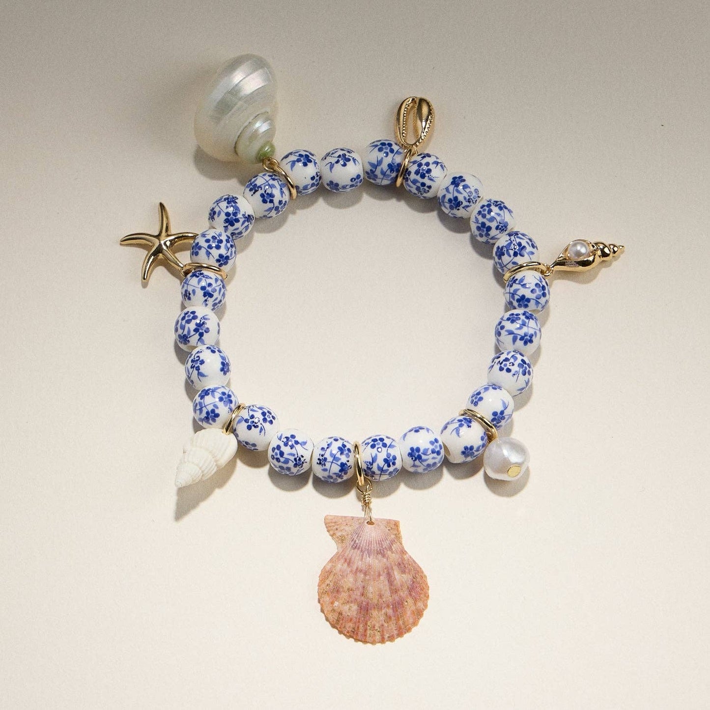 Floral Beaded Seashell Charm Bracelet – Beachy Boho Jewelry: Pink / One / 5SB21023