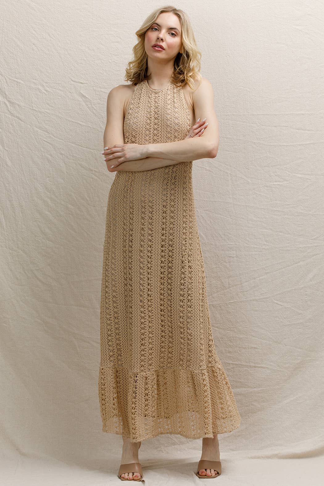 Crochet Halter Neck Maxi Dress: Taupe