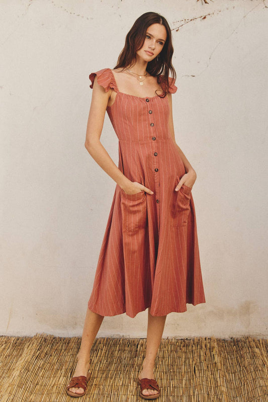 Pinstripe Flutter Sleeve Midi Dress: RUST/WHITE