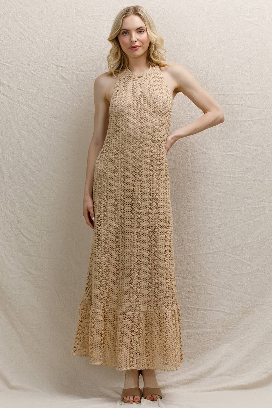 Crochet Halter Neck Maxi Dress: Taupe