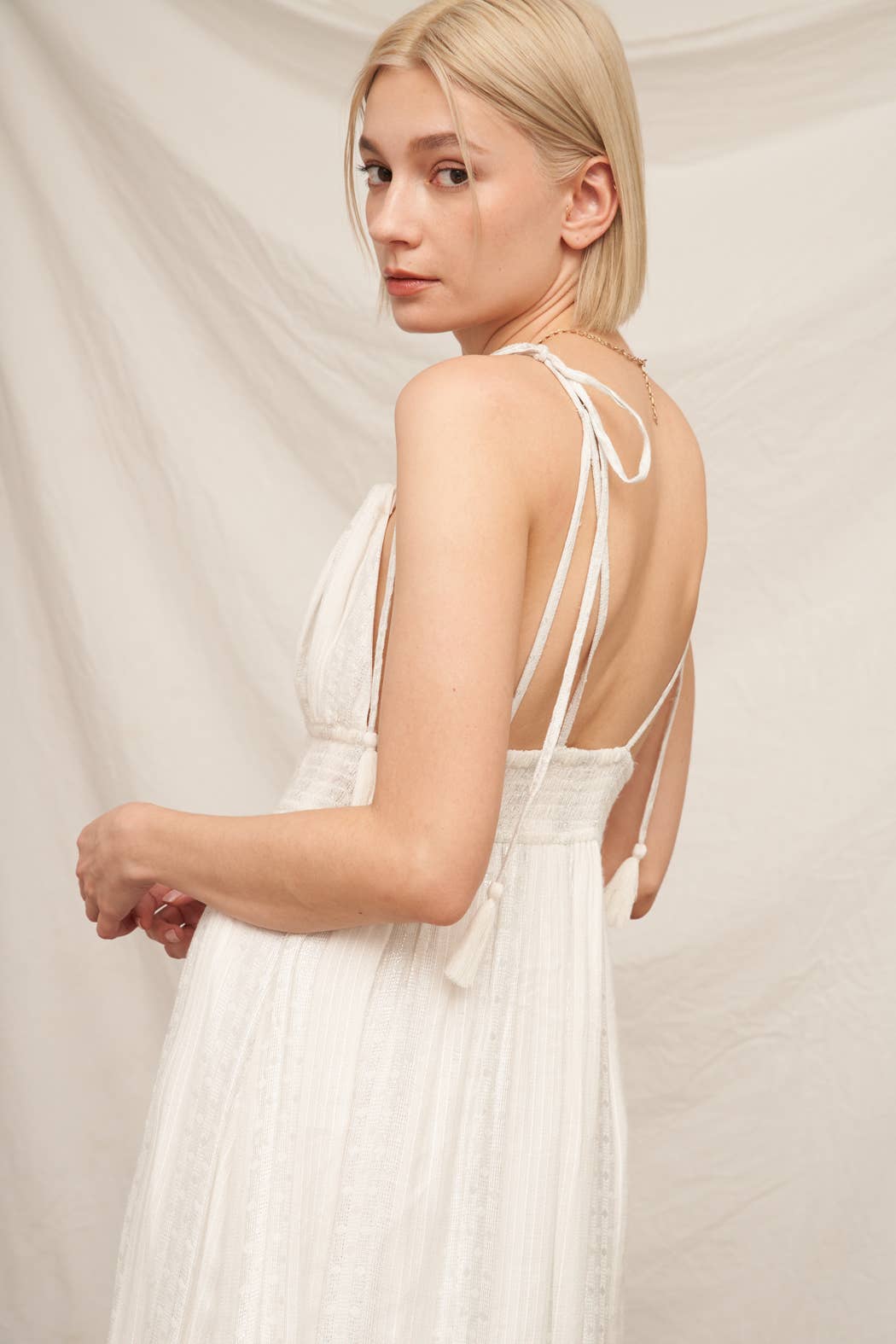 Shoulder Tie Maxi Dress with Lurex Detail: White Silver